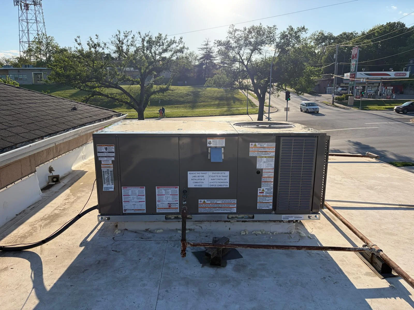 Commercial rooftop packaged HVAC system installation final setup